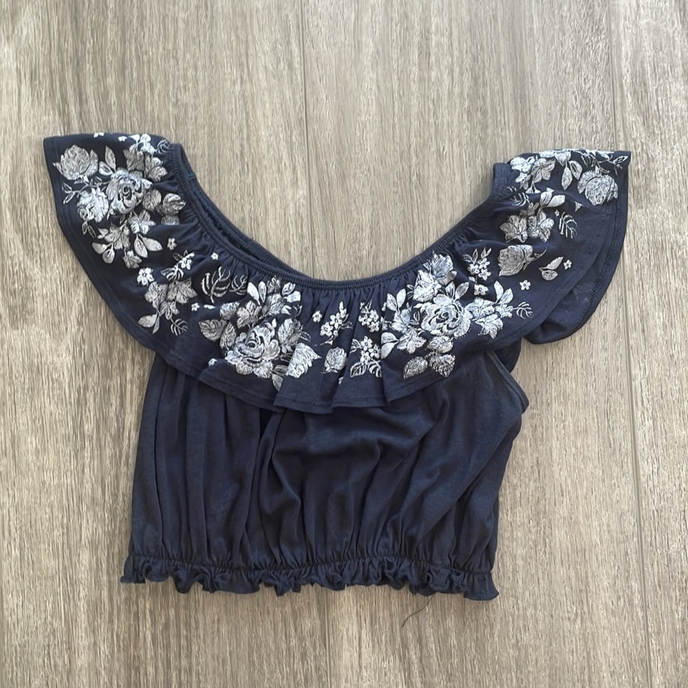 Garage Navy Blue Floral Off-Shoulder Crop Top
